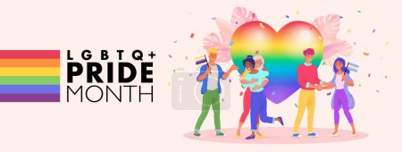 Illustration for LGBTQ plus PRIDE month banner with diverse people supporting LGBT rights and movements. Vector illustration template for festival parades, parties, and social events. - Royalty Free Image