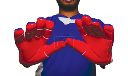 Téléchargez les photos : Une photo de gants utilisés par un gardien de but sur fond blanc. - en image libre de droit