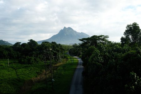 Una imagen de la selva y la carretera con la brumosa visión Gunung Santubong en la mañana.