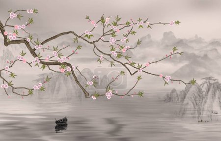 Chinoiserie Tapete. Baum am See. Nebelige Landschaft. Baum mit Vögeln im japanischen Garten. Das Wandbild, Tapete für den Innenausbau.