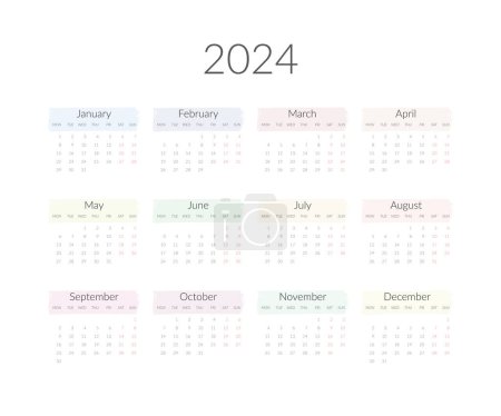 2024 year calendar template. Vector illustration.