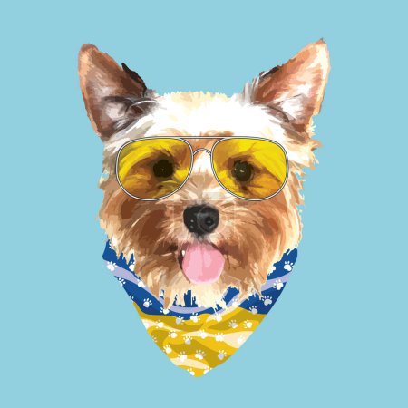 Yorkshire Terrier portrait, Cute cool dog in glasses and Ukraine flag bandana, Vector illustration.