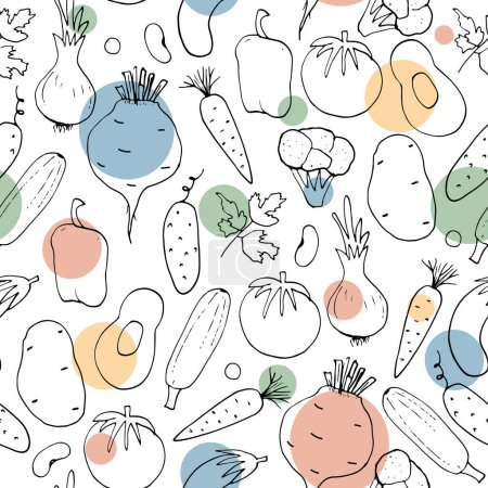 Vegetables seamless pattern. Vegetarian healthy bio food background, Vegan organic eco products pepper, tomato, cucumber, carrot, potato, avocado, beans and peas. Vector illustration.
