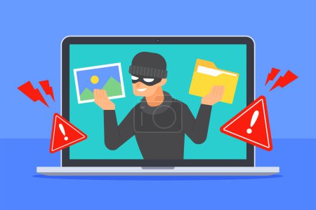 Illustration for Hacker inside laptop holding image file and document folder icon. Concept of computer security, data breach, cybercrime, ransomware, or malware. Cartoon flat vector.  Technology threat illustration. - Royalty Free Image