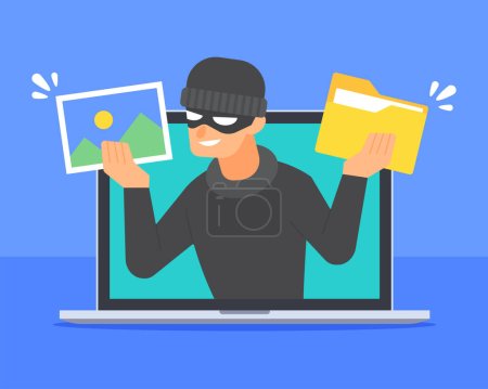 Illustration for Hacker inside laptop holding image file and document folder icon. Concept of computer security, data breach, cybercrime, ransomware, or hacking. Cartoon flat vector. Technology threat illustration. - Royalty Free Image