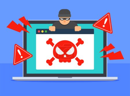Illustration for Web browser window with red skull and hacker on laptop screen. Internet threat concept. Scam websites, dark web, cybercrime, virus, or malware. Flat vector cartoon icon. Technology illustration. - Royalty Free Image