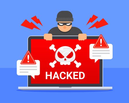 Hacked laptop with skull, hacker, and system warning message. Concept of computer hacking, cybercrime, virus, malware, or cyber security. Flat cartoon vector icon. Technology threat illustration.