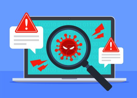 Illustration for Computer virus detection. System error warning on laptop. Emergency alert of threat. Scanning or searching for malware, ransomware, or bug. Antivirus concept. Flat cartoon vector icon illustration. - Royalty Free Image