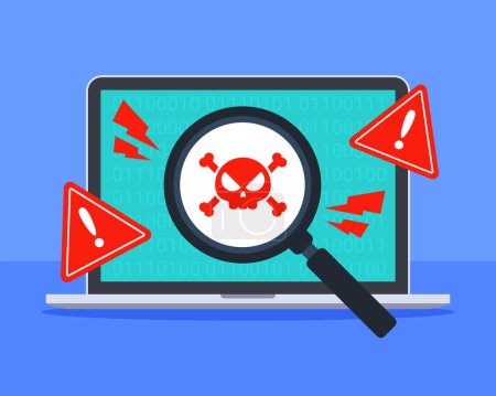 Danger error detection warning on laptop. Concept of computer vulnerability, system problem, hacking, cyber security threat, or cybercrime. Flat cartoon vector icon design. Technology illustration.