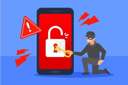 Hacker unlocks smartphone with key or padlock. System warning alert of cyber security threat concept. Cybercrime attack. Hacking mobile phone. Flat cartoon vector icon design. Technology illustration.