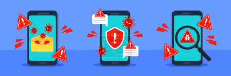 Illustration for Cyber security threats on smartphone. System vulnerability warning. Mobile phone hacking. Cybercrime or antivirus concept. virus, malware, ransomware, or bug. Flat cartoon icon. Vector illustration. - Royalty Free Image