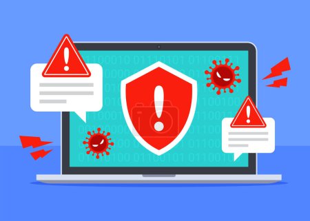 Illustration for Computer virus attack on laptop. System security threat warning alert. Cybercrime, vulnerability, or antivirus concept. Malware or ransomware. Flat cartoon icon vector design. Technology illustration. - Royalty Free Image