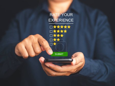 Photo for Customer experience, feedback, service evaluation, and satisfaction conceptual. People using a mobile phone to giving feedback via the internet. Positive review. Client satisfaction surveys. - Royalty Free Image