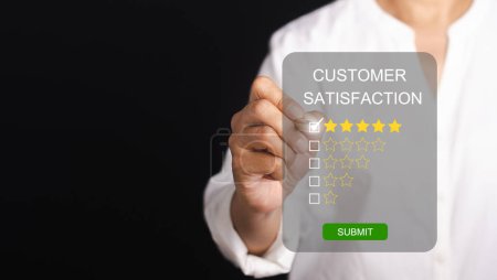 Photo for Customer experience, feedback, service evaluation, and satisfaction conceptual. People giving feedback via the internet on virtual screen. Positive review. Client satisfaction surveys. - Royalty Free Image