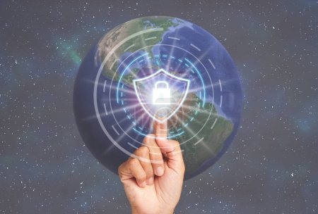 Internet security online business concept. Close-up of finger-pointing at to padlock icon on the virtual screen for login to the system network. Data encryption online and protect cyber privacy