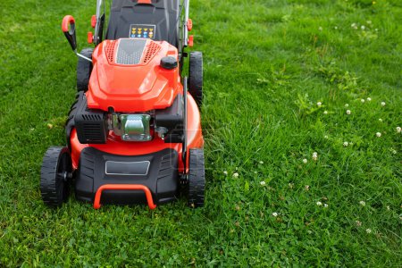 Photo for Petrol powerful lawn mower for cutting grass. - Royalty Free Image
