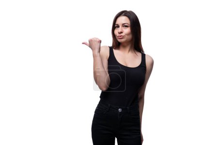 Photo for Casual young brunette woman actively gesturing. - Royalty Free Image