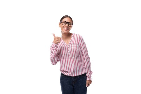 young happy smiling lady office worker dressed in pink white blouse and jeans.