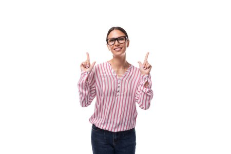 young happy smiling lady office worker dressed in pink white blouse and jeans.