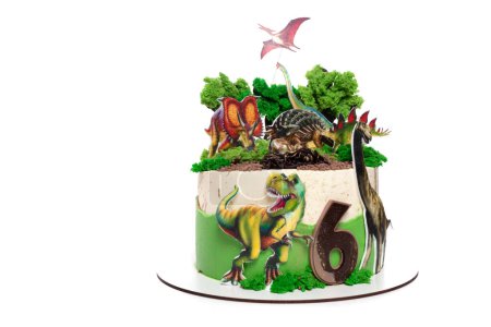 Diese Geburtstagstorte ist mit bunten Dinosauriern und Vögeln dekoriert. Die Dinosaurier brüllen und die Vögel fliegen um sie herum. Der Kuchen ist eine lebendige Darstellung prähistorischer und vogelkundlicher Themen.