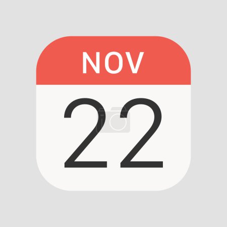 22 novembre icône isolée en arrière-plan. Symbole du calendrier moderne, simple, vectoriel, icône pour la conception de site Web, application mobile, ui. Illustration vectorielle