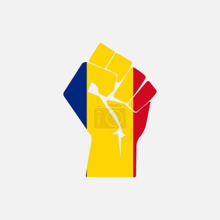 Illustration for Flag of Romania in the shape of raised hand sign isolated on background. Fist symbol modern, simple, vector, icon for website design, mobile app, ui. Vector Illustration - Royalty Free Image