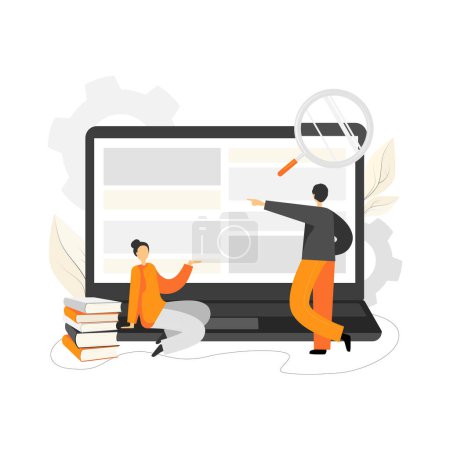 Man and woman studying online on laptop. Characters searching information on a computer. Online education illustration in flat design