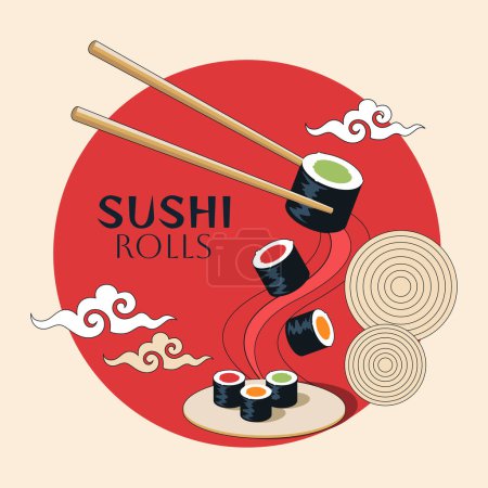 Illustration for Sushi rolls banner with sign in flat design - Royalty Free Image