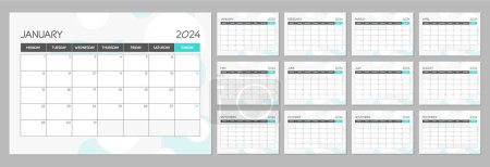 Illustration for Monthly calendar planner template for 2024 year. Wall calendar schedule in a turquoise minimalist style. Week Starts on Monday. - Royalty Free Image