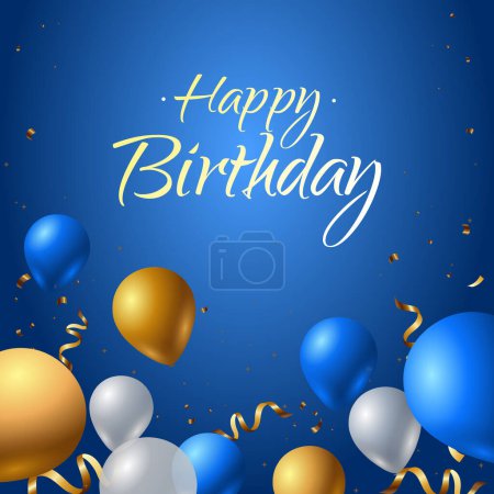 Ilustración de Feliz cumpleaños tarjeta de invitación azul con globos y confeti. Plantilla para celebración de cumpleaños - Imagen libre de derechos
