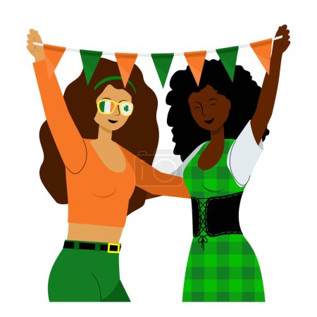 Irische Mädchen feiern den St. Patrick 's Day und halten Fahnen hoch