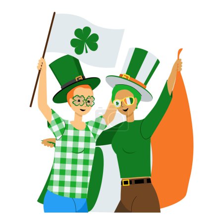 Iren feiern den St. Patrick 's Day und halten Nationalflaggen hoch