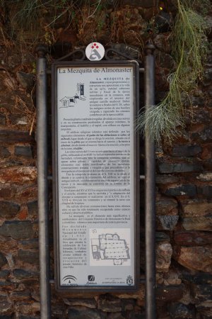 Photo for Almonaster la Real, Huelva, Spain, June 21, 2023: Sign next to the 10th century Mosque of Almonaster la Real. Huelva, Spain - Royalty Free Image