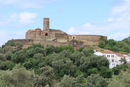 Photo for Almonaster la Real, Huelva, Spain, June 21, 2023: General view of the X century Mosque, medieval fortress and bullring of Almonaster la Real. Huelva, Spain - Royalty Free Image