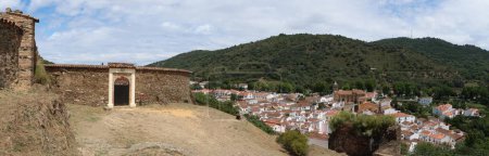 Photo for Almonaster la Real, Huelva, Spain, June 21, 2023: Panoramic of the bullring over the town of Almonaster la Real, Sierra de Aracena, Huelva, Spain - Royalty Free Image