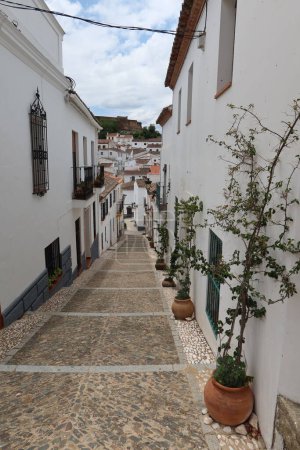 Photo for Almonaster la Real, Huelva, Spain, June 21, 2023: Street with white houses and flower pots in Almonaster la Real, Sierra de Aracena, Huelva, Spain - Royalty Free Image