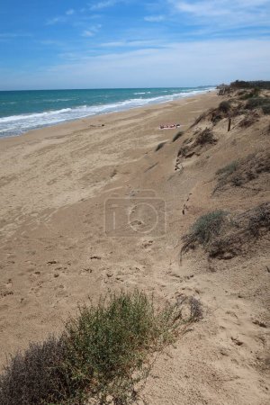 Guardamar del Segura, Alicante, Spain, May 8, 2024: Sandbank on the Viveros beach in Guardamar del Segura, Costa Blanca, Alicante, Spain