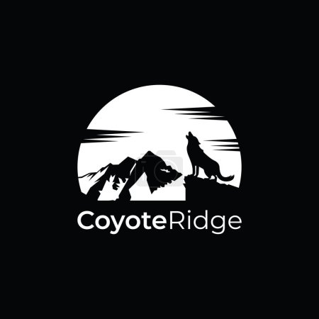 Ilustración de El logotipo de la cresta del coyote, con un coyote, montañas y la luna o el sol, es simple y moderno, adecuado para cualquier negocio. - Imagen libre de derechos