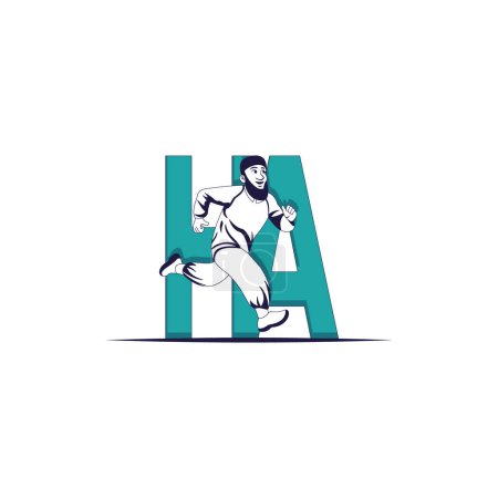 Illustration for HA sports letter logo, featuring a Muslim man running, suitable for Muslim sports shops and Muslim sportswear. - Royalty Free Image