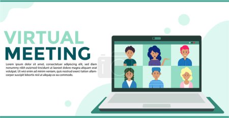 Illustration for Home office. virtual meeting. people of different ethnicities having a virtual meeting on zoom. flat design. - Royalty Free Image