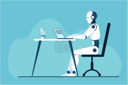 Robot haciendo trabajo de oficina. Robot sentado frente a un ordenador portátil.