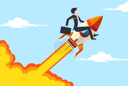 Illustration for Man on a rocket traveling to the sky. - Royalty Free Image