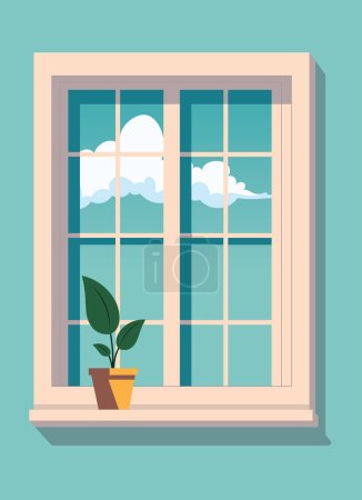 Ilustración de Escena de una ventana de madera con una planta y el cielo en el fondo con una nube. - Imagen libre de derechos