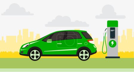 Téléchargez les illustrations : Scène d'une voiture électrique avec un chargeur pour voitures électriques, avec le paysage urbain en arrière-plan. Concept d'énergie renouvelable. durabilité. - en licence libre de droit