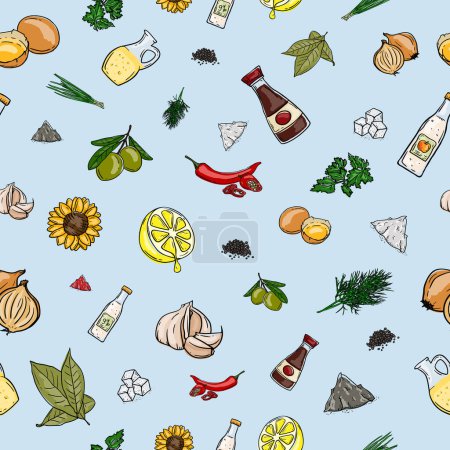 Seamless pattern with illustration of colored vegetables, food and cooking ingredients