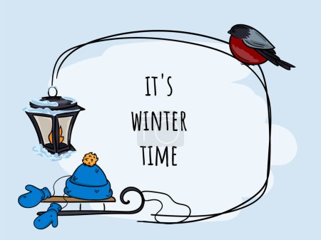 Illustration for Winter hand drawn bright vector illustration, postcard with bullfinch bird, sled, hat, mittens and street lantern. - Royalty Free Image