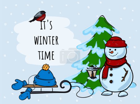 Illustration for Winter hand drawn bright vector illustration, postcard with bullfinch, snowman, sleigh, hat and mittens. - Royalty Free Image