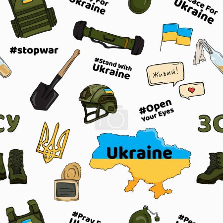 Helles, nahtloses Vektormuster des Krieges in der Ukraine mit einer Reihe militärischer und ukrainischer nationaler Elemente. Vektorillustration