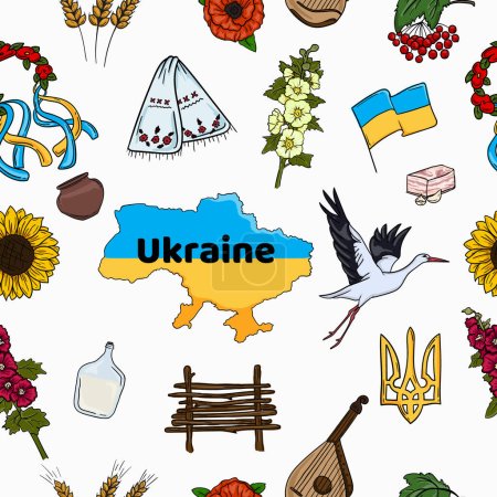 Illustration for Bright seamless vector pattern with elements and symbols of Ukraine on light background. Vector illustration - Royalty Free Image