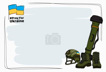 Ilustración de Ilustración brillante de dibujos animados vectoriales con espacio para la guerra de texto en Ucrania con un conjunto de elementos y símbolos militares y patrióticos. Ilustración vectorial - Imagen libre de derechos